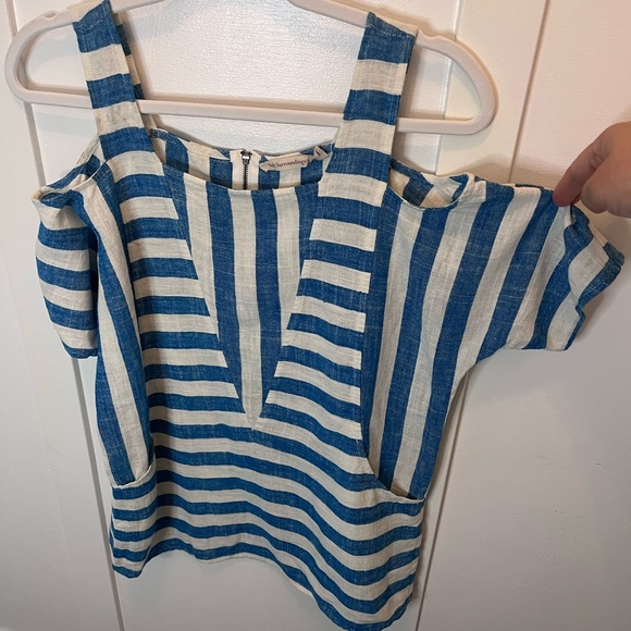 Soft Surroundings Striped Cold Shoulder Linen Tunic Top Petite XS Blue - Picture 7 of 10